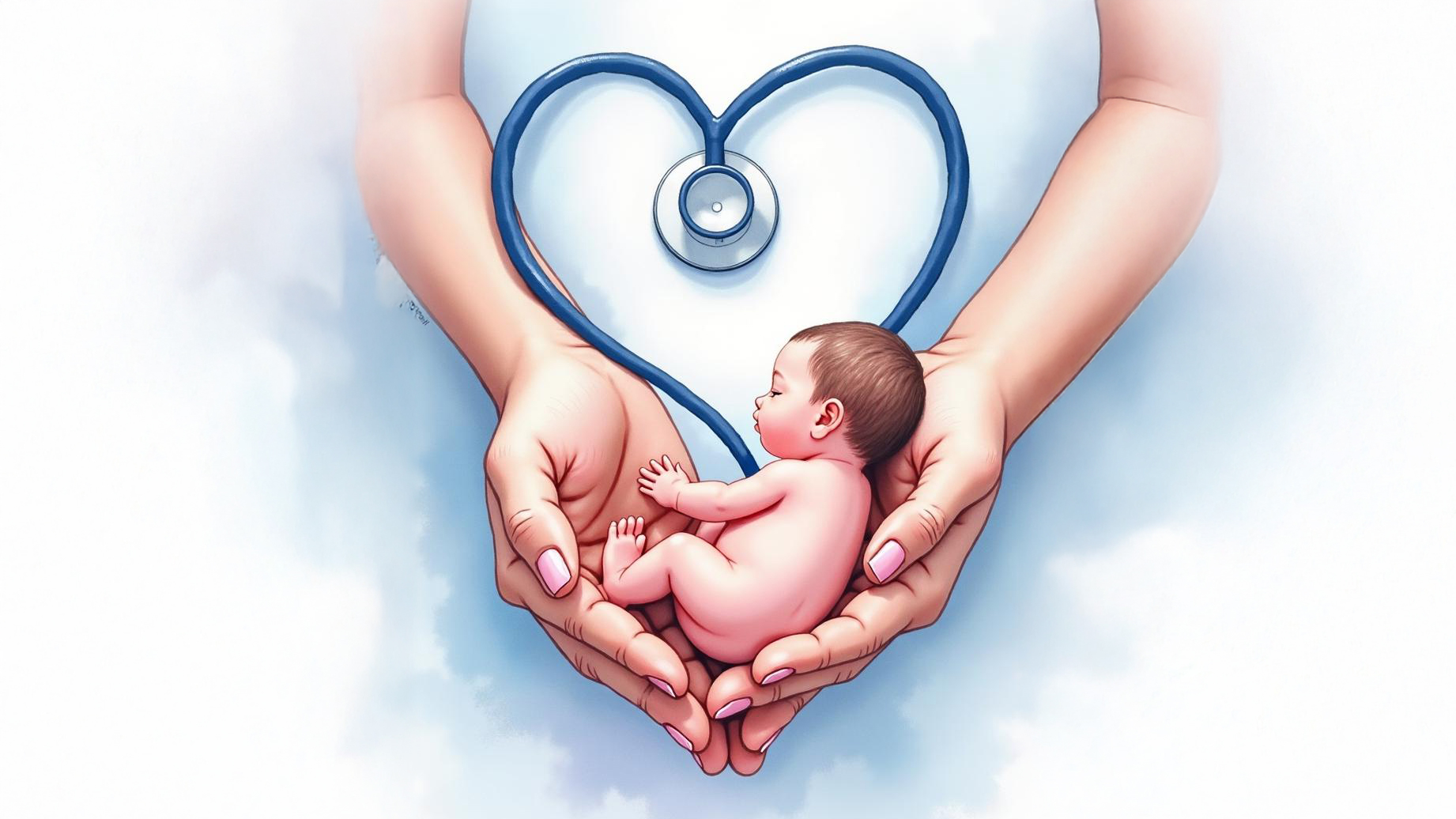 A newborn cradled in caring hands with a stethoscope forming a heart