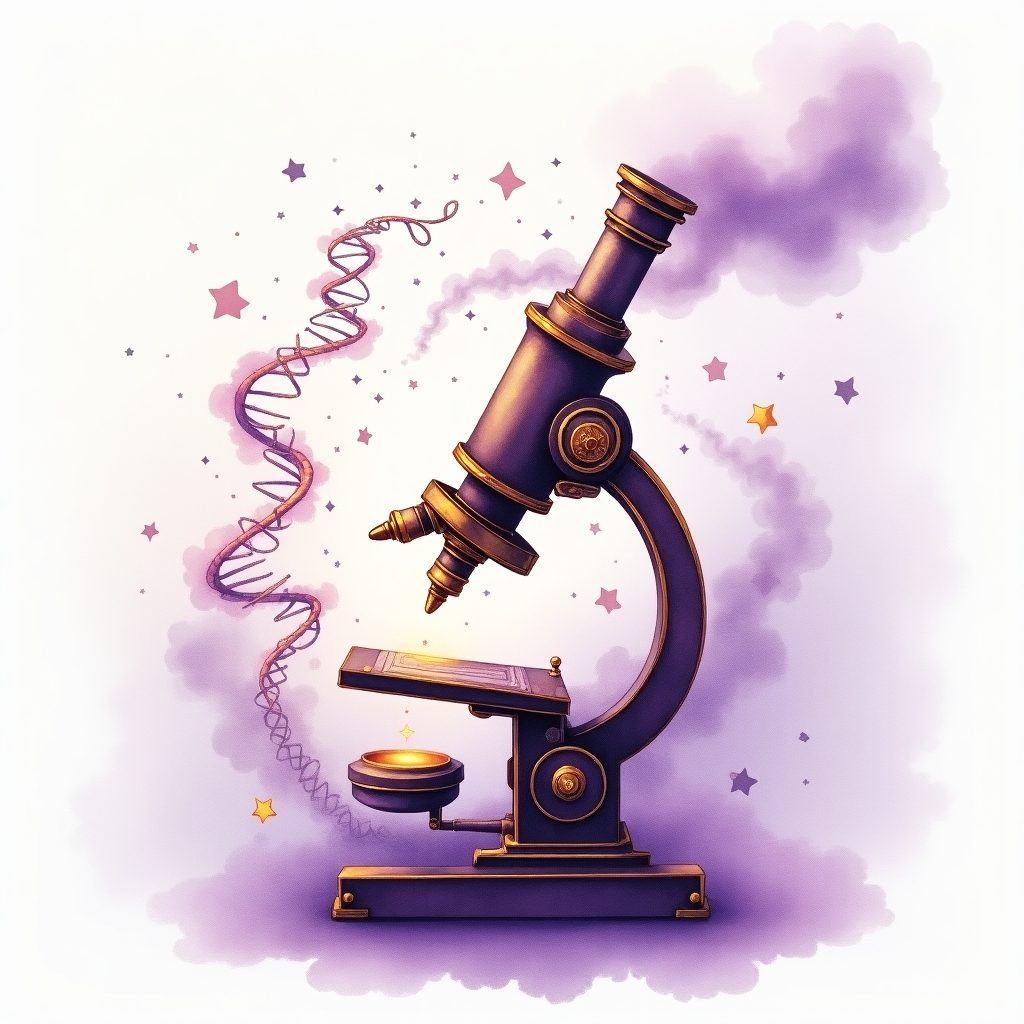 Microscope with DNA and stars flowing out