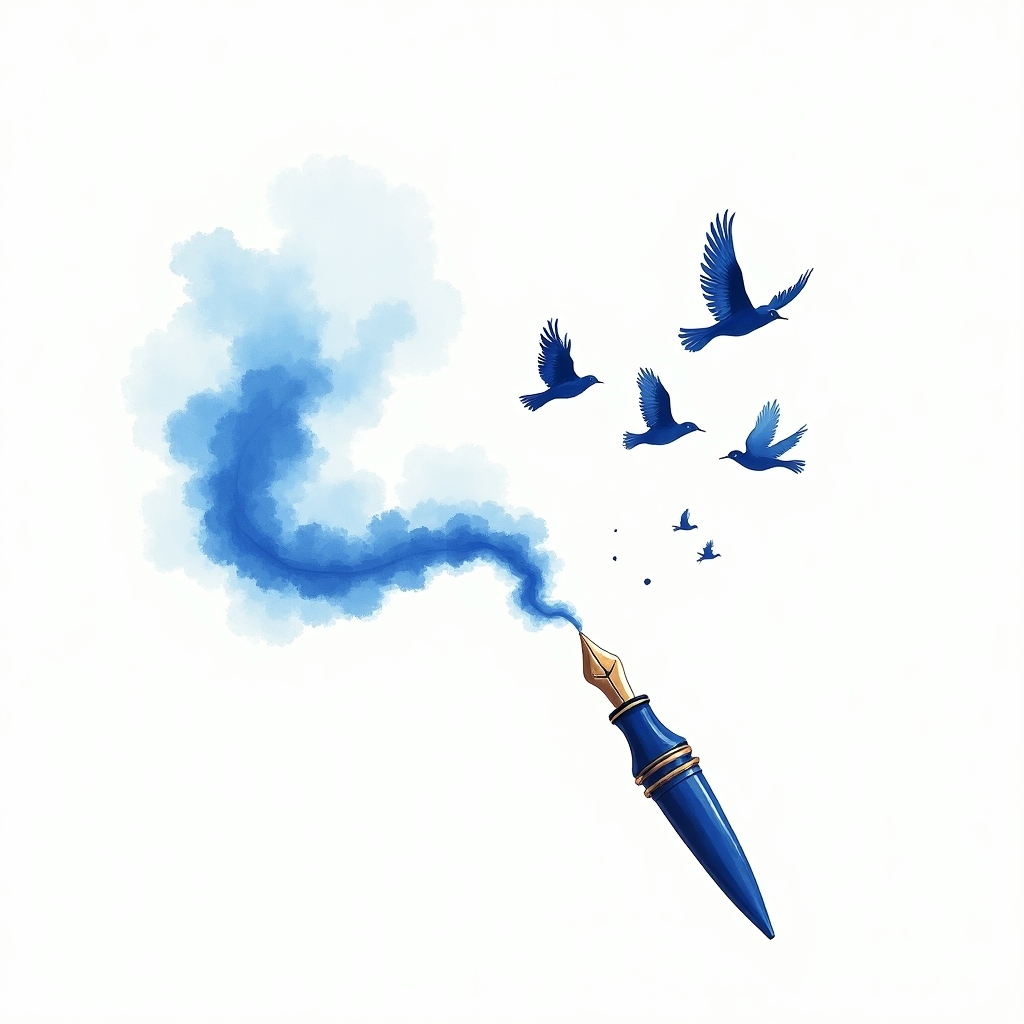 Fountain pen with words transforming into birds